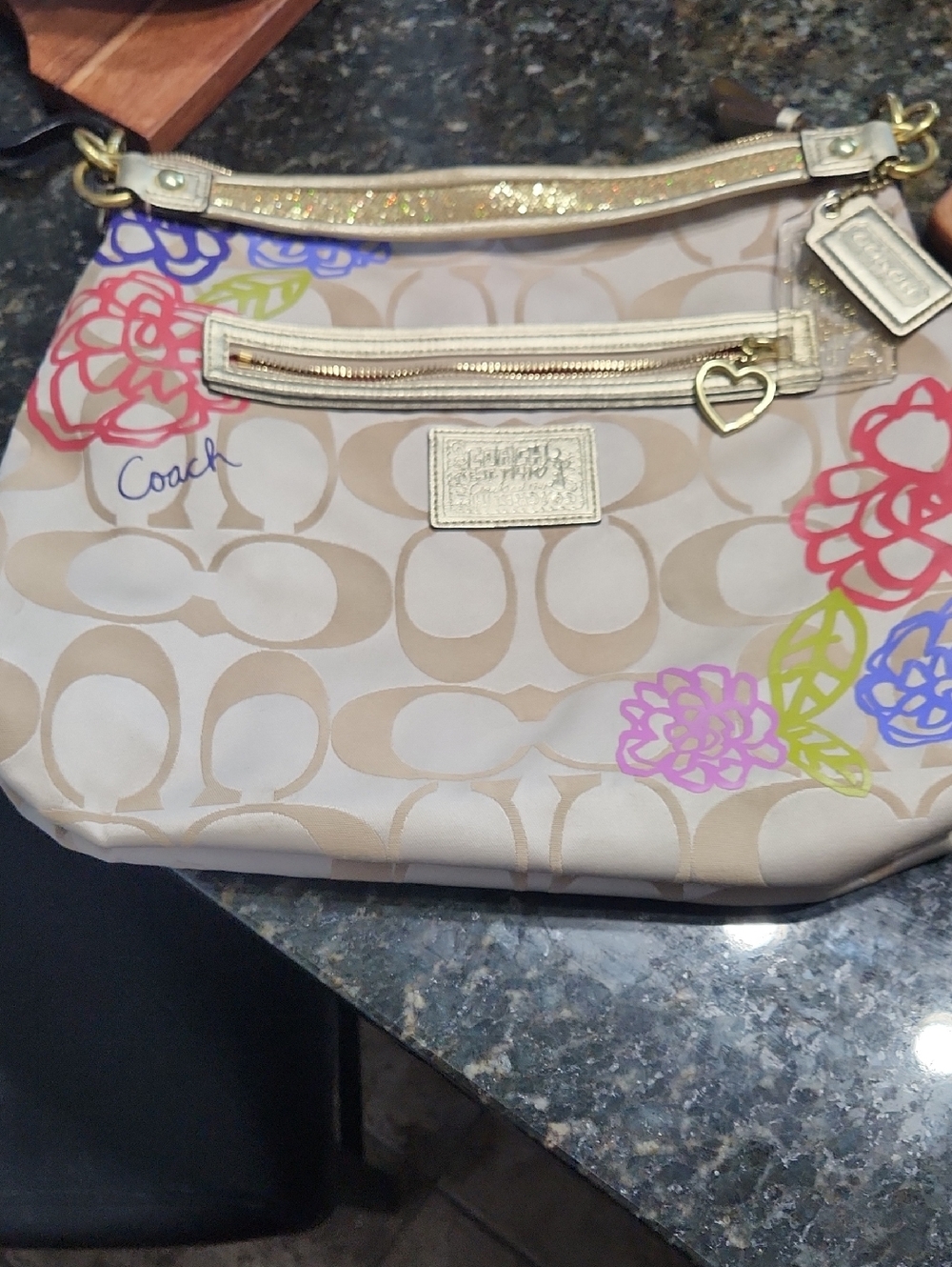 Coach Vintage Beige Signature Floral Shoulder Bag with Multicolor Accents